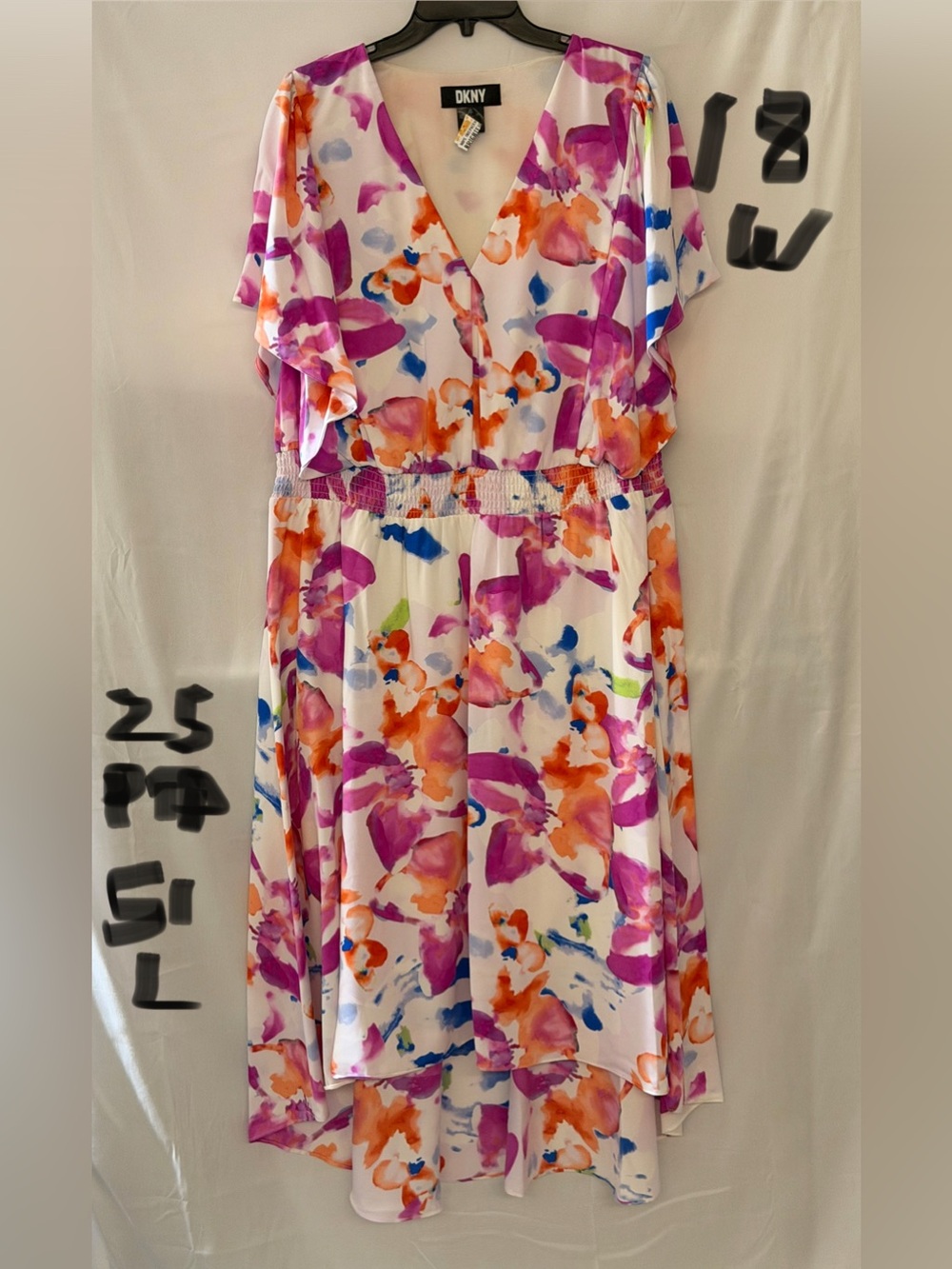 DKNY White V-Neck High-Low Dress with Pink, Orange and Blue Floral Print